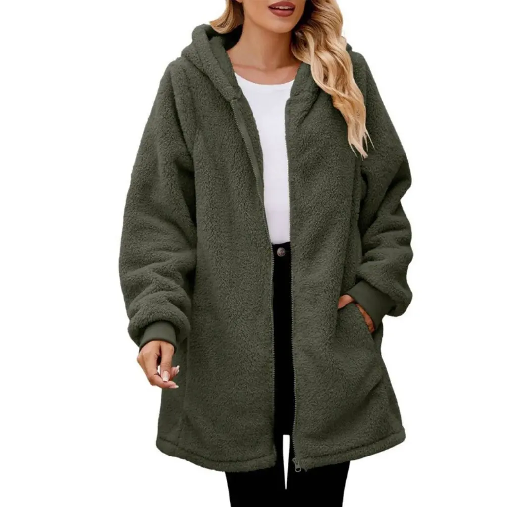 

Женский свободный плюшевый кардиган, пальто с капюшоном на молнии и длинными рукавами, осенне-зимняя верхняя одежда в европейском и американском стиле