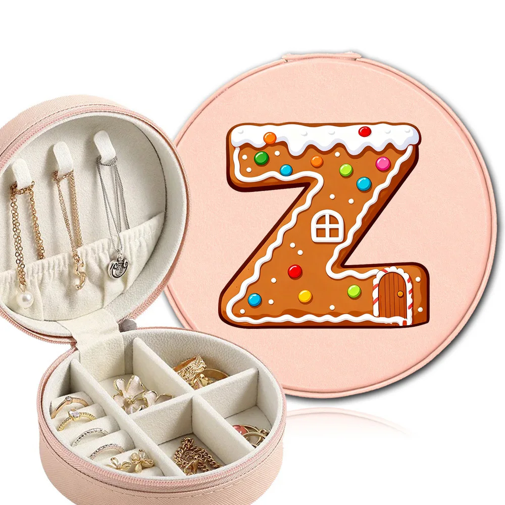 Women Multi-functional Jewelry Storage Box Circular Storage Bag PU Dustproof Earring Case Christmas Gifts Gingerbread Pattern