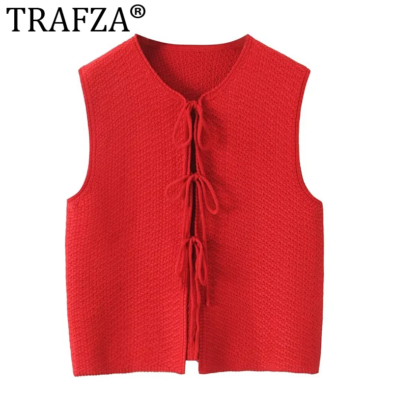 

TRAFZA Women Short Vests Solid V-Neck Sleeveless Spring Fashion bow Decoration Vests Female Vintage Knitted Tops