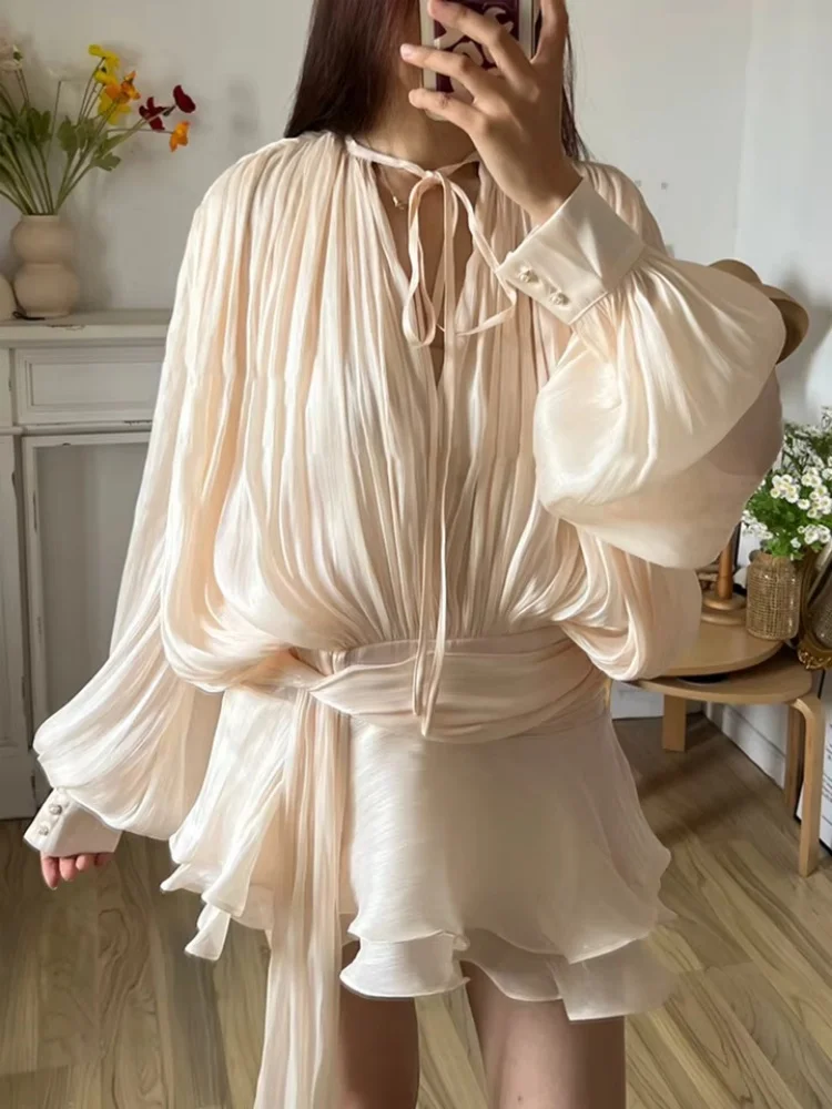 Chic Women Lace Up V-neck Lantern Long Sleeve Mini Dress Elegant Fold Sexy Flounce Hem Vestidos 2025 Summer New Vacation Dresses