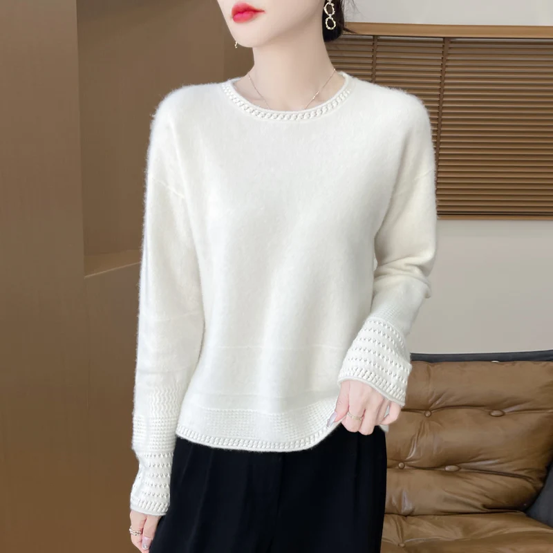 Elegant Solid Color Wool Sweater With Round Neck Fashionable And Loose Fit Women's Warm Winter 100%Merino Pure Wool Knit Top