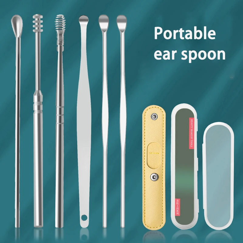 Aço inoxidável Ear Care Tools, Earwax Ferramenta de Remoção, Earpick Sticks, Cureta Colher, Ear Clean, Personal Health Care, 6 em 1