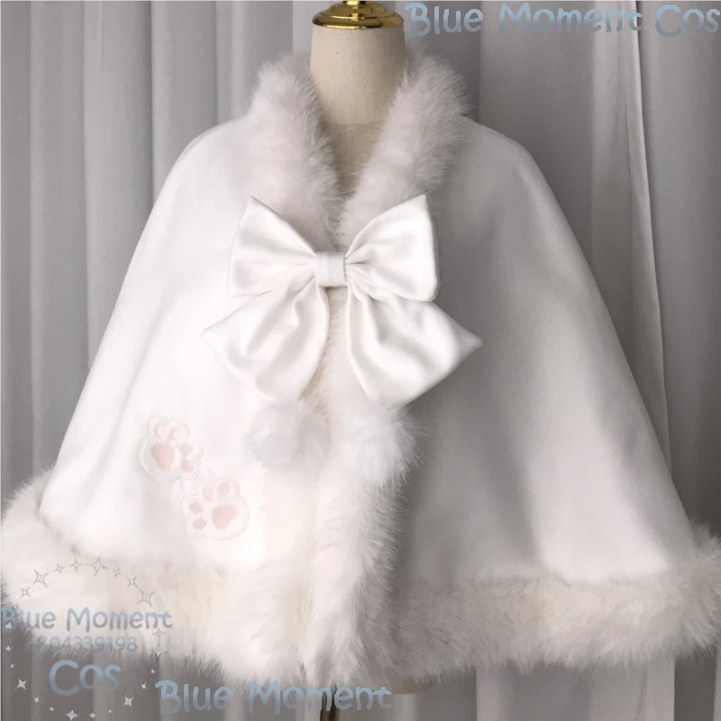 

Зимний плащ «Кошачьи лапы» с рюшами по краям и помпоном с бантом, белый костюм Jirai Kei для девочек, косплей Y2K, для девочек, женщин, Хэллоуин, Comic Con Festival