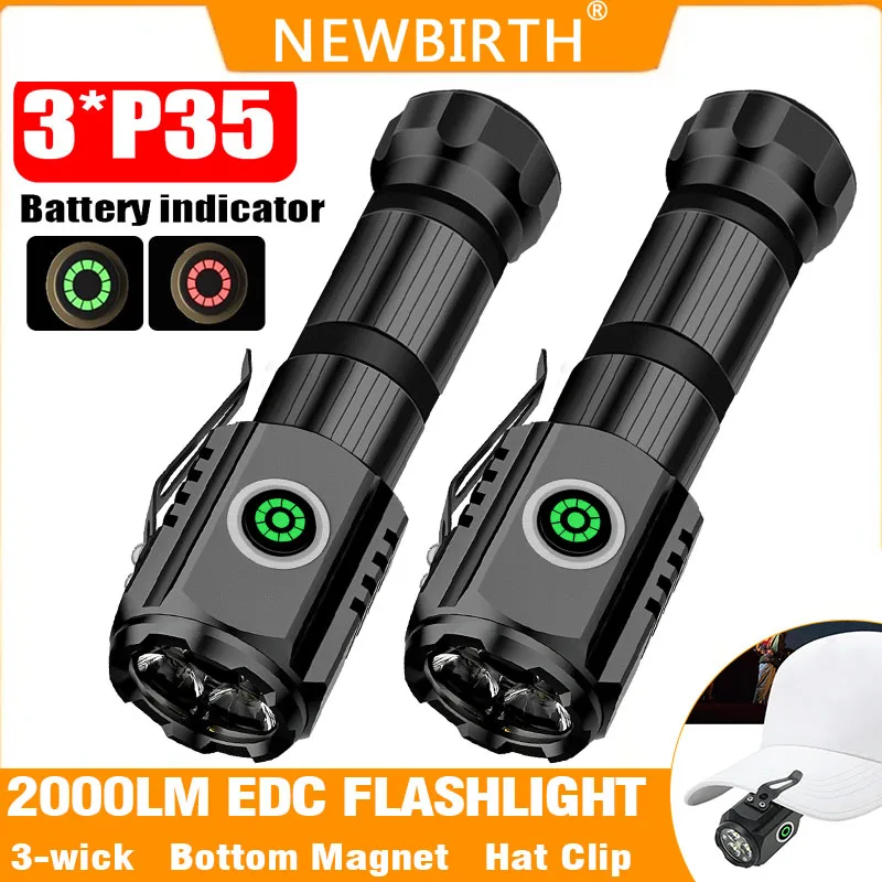 2000LM Super Bright Mini Flashlight Powerful Highlight Flashlight  3*P35 18650 Battery USB-C Rechargeable With Magnet ClipTorch