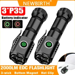 2000LM Super Bright Mini Flashlight Powerful Highlight Flashlight  3*P35 18650 Battery USB-C Rechargeable With Magnet ClipTorch