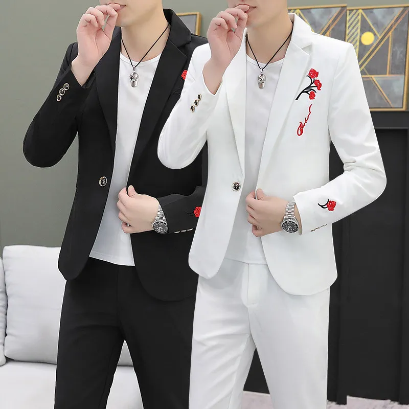 

Sli Embroidered Slim Fit Men's Suit Set Nightclub Korean Version Spring Faion Urban Polyester Fiber Small Two-Piece Set