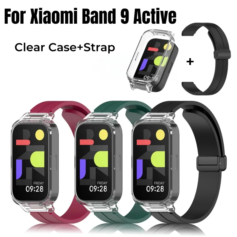 Clear PC Case+Silicone Strap For Xiaomi Smart Band 9 Active Magnetic Buckle Wristband for Redmi band3 mi band 8 active Bracelet