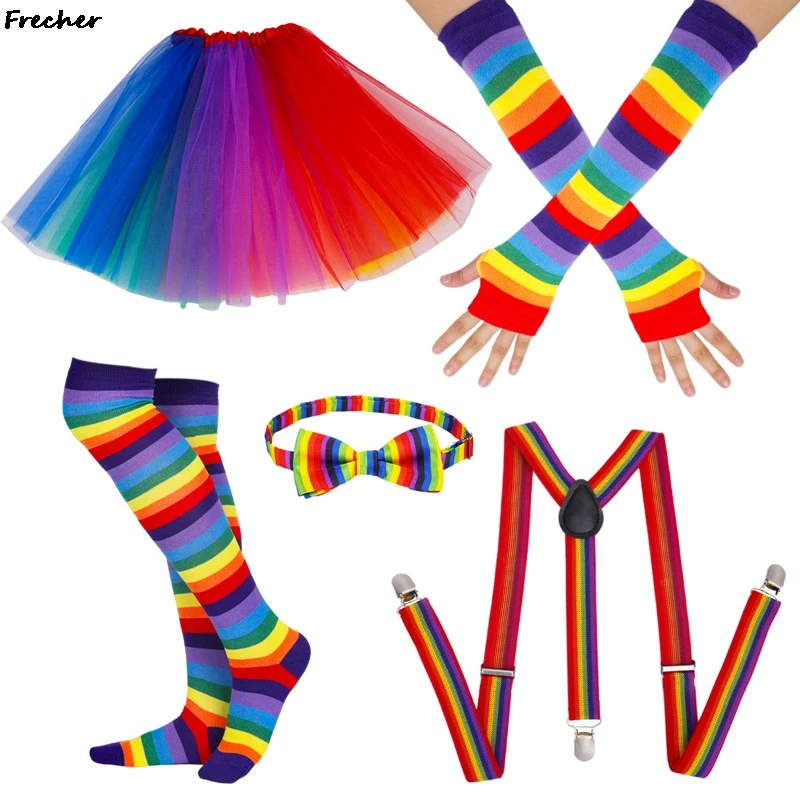 Clown Performance Tutu Skirt 5pcs Cosplay Set Role Play Fancy Dress Costume Rainbow Striped Bee Ears Headband Suits Children