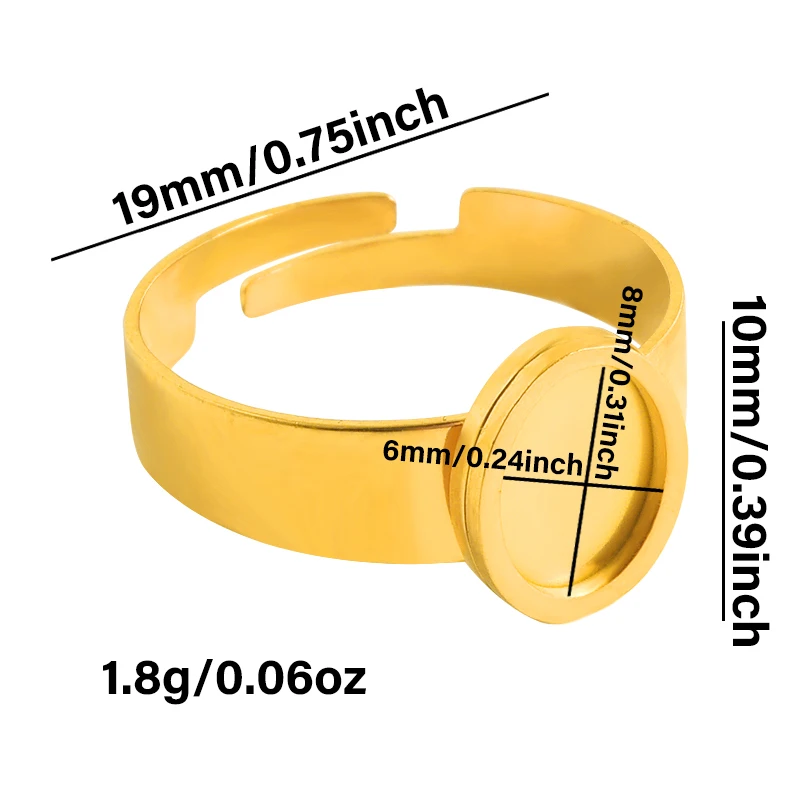 الذهب الحقيقي مطلي 10/12/16/20 مللي متر حلقة بيضاوية فارغة كابوشون قاعدة إعدادات لا تتلاشى الفولاذ المقاوم للصدأ خواتم للنساء الرجال صنع المجوهرات