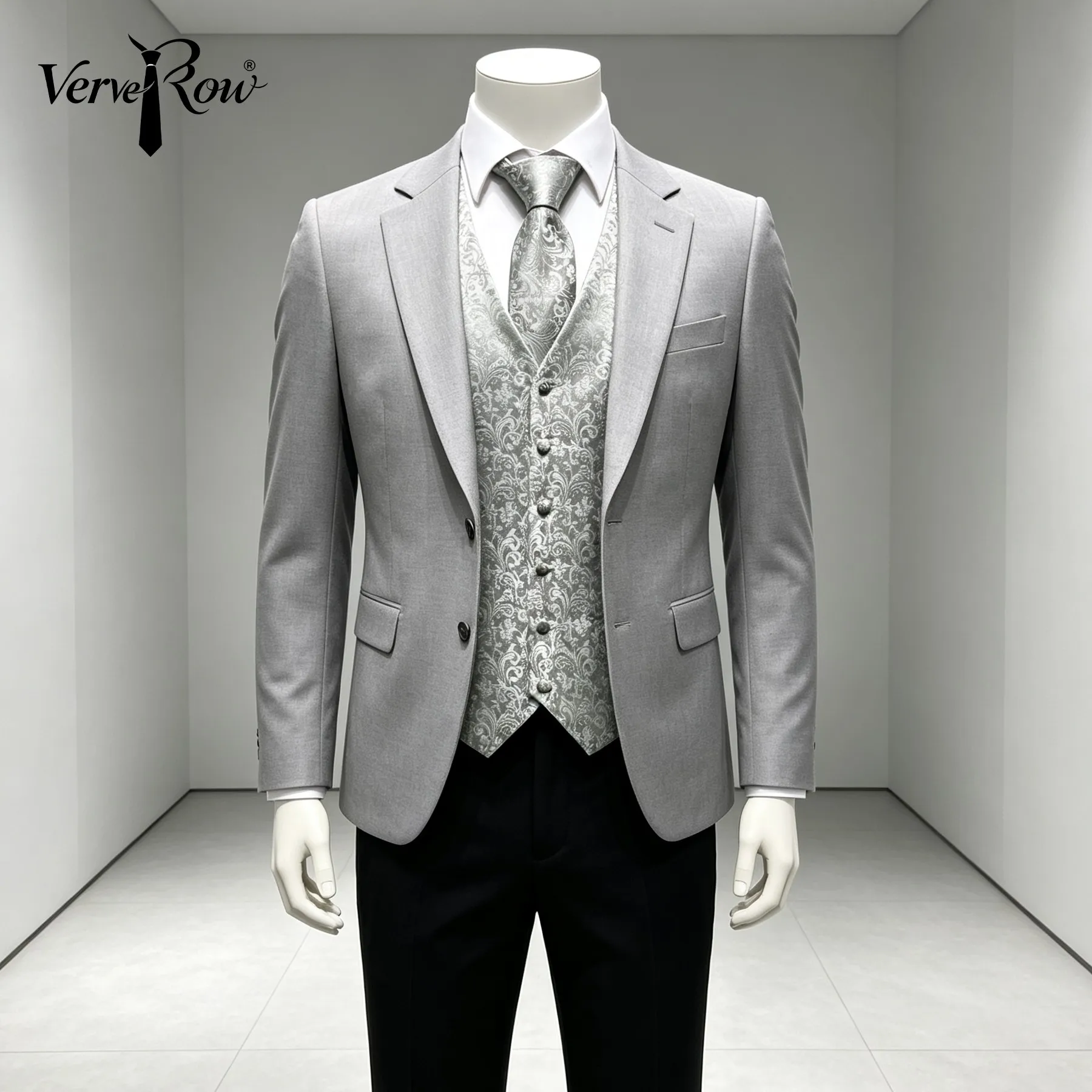 VERVEROW Mens Silver Grey Paisley Jacquard Vest Necktie Hanky Kit for Banquet Prom Premium Stylish Formal Costume 3 Pieces