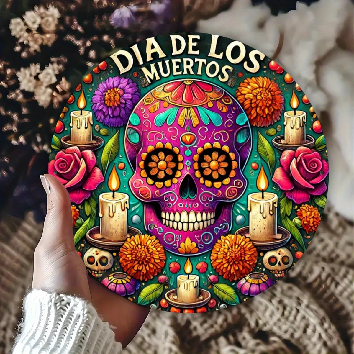 CIFBUY Retro Day of the Dead Sugar Skull Flower Ring Aluminum Wall Art Waterproof Wearproof Home Bar Yard Room Decor Gift