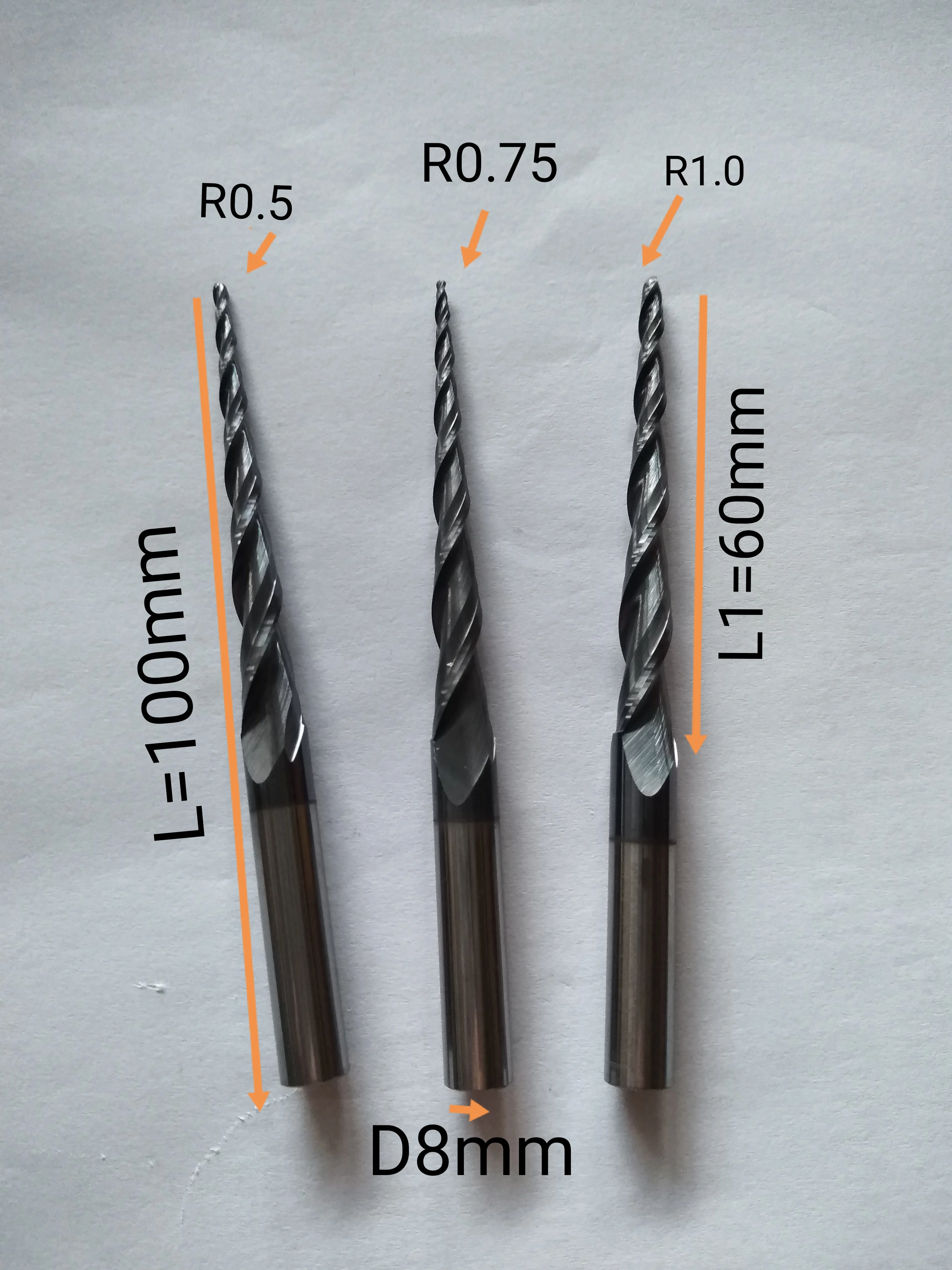 

3pcs/lot R0.5/R0.75/R1.0* D8 *60mm*100mm 2F HRC55 solid carbide Taper Ball Nose EndMill milling cutter wood Engraving tools