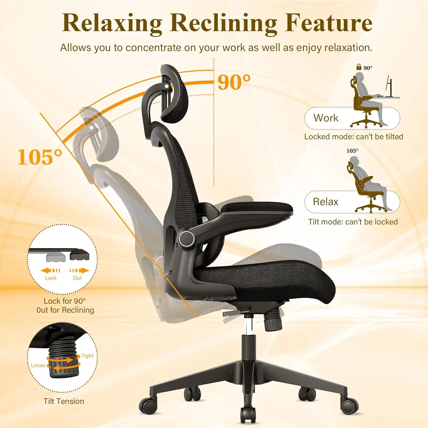 Silla de oficina ergonómica, cómoda silla de escritorio de malla, sillas para juegos de ordenador con respaldo alto y soporte lumbar ajustable, brazos abatibles, He