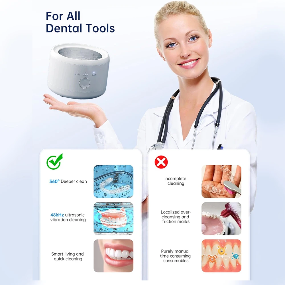 Portable Ultrasonic Retainer Cleaner Machine for Dentures Retainer Mouth Guard Aligner Whitening Trays Personal Oral Supplies