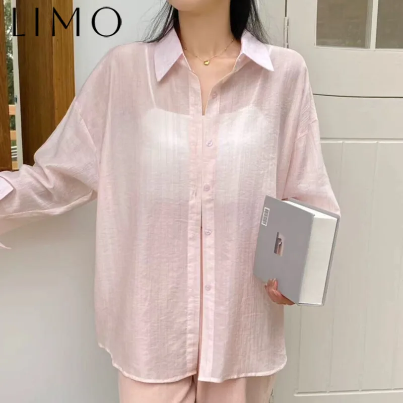 

LIMO Women's Designer Casual Blouse Solid Color Lapel Collar Back Tie Loose Fit Chic Spring Summer 2025 Fashion
