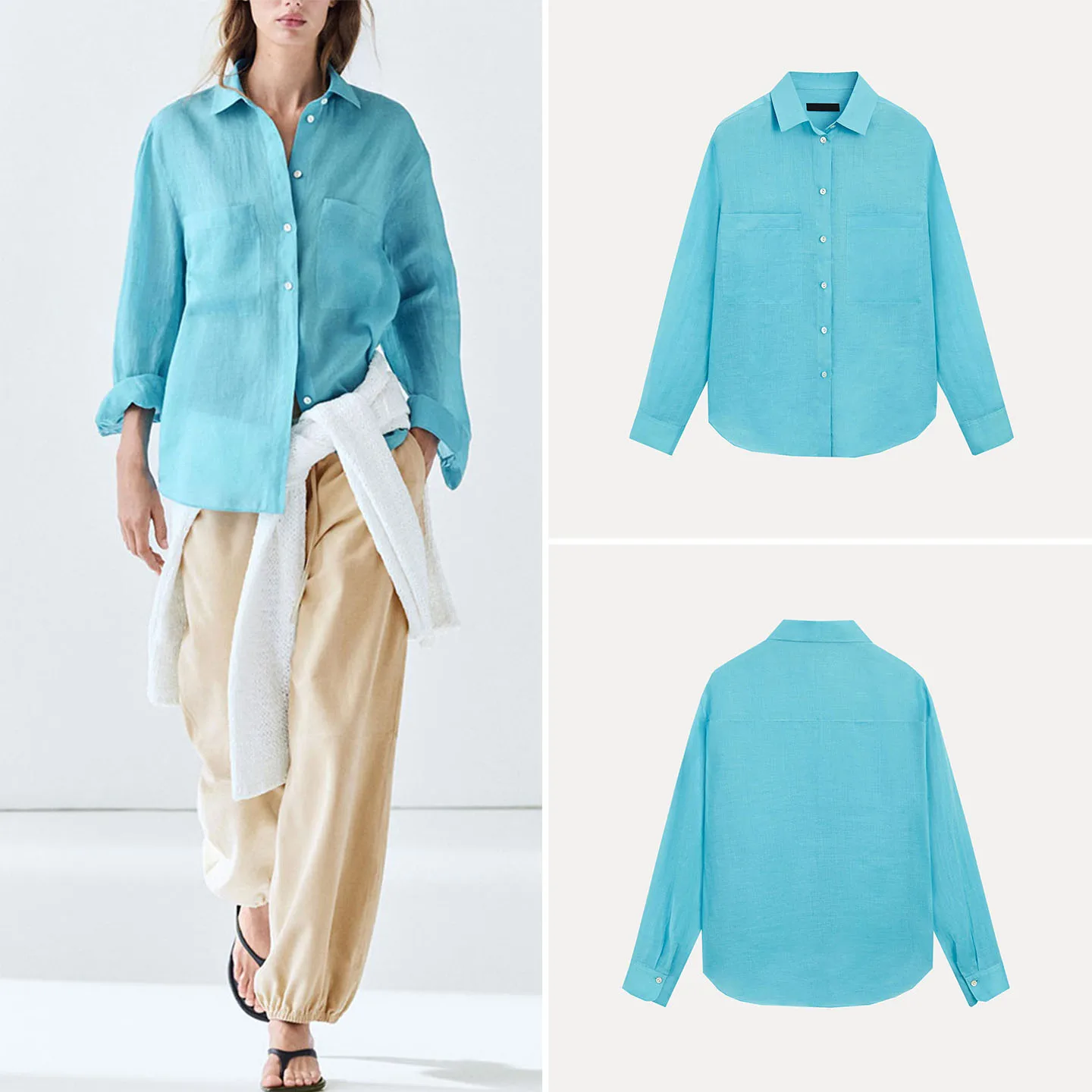 Women's Loose Fit Casual Style Blue Shirt Transparent Micro Breathable Autumn Fashion Top ZADATA Brand Long Sleeve Collared