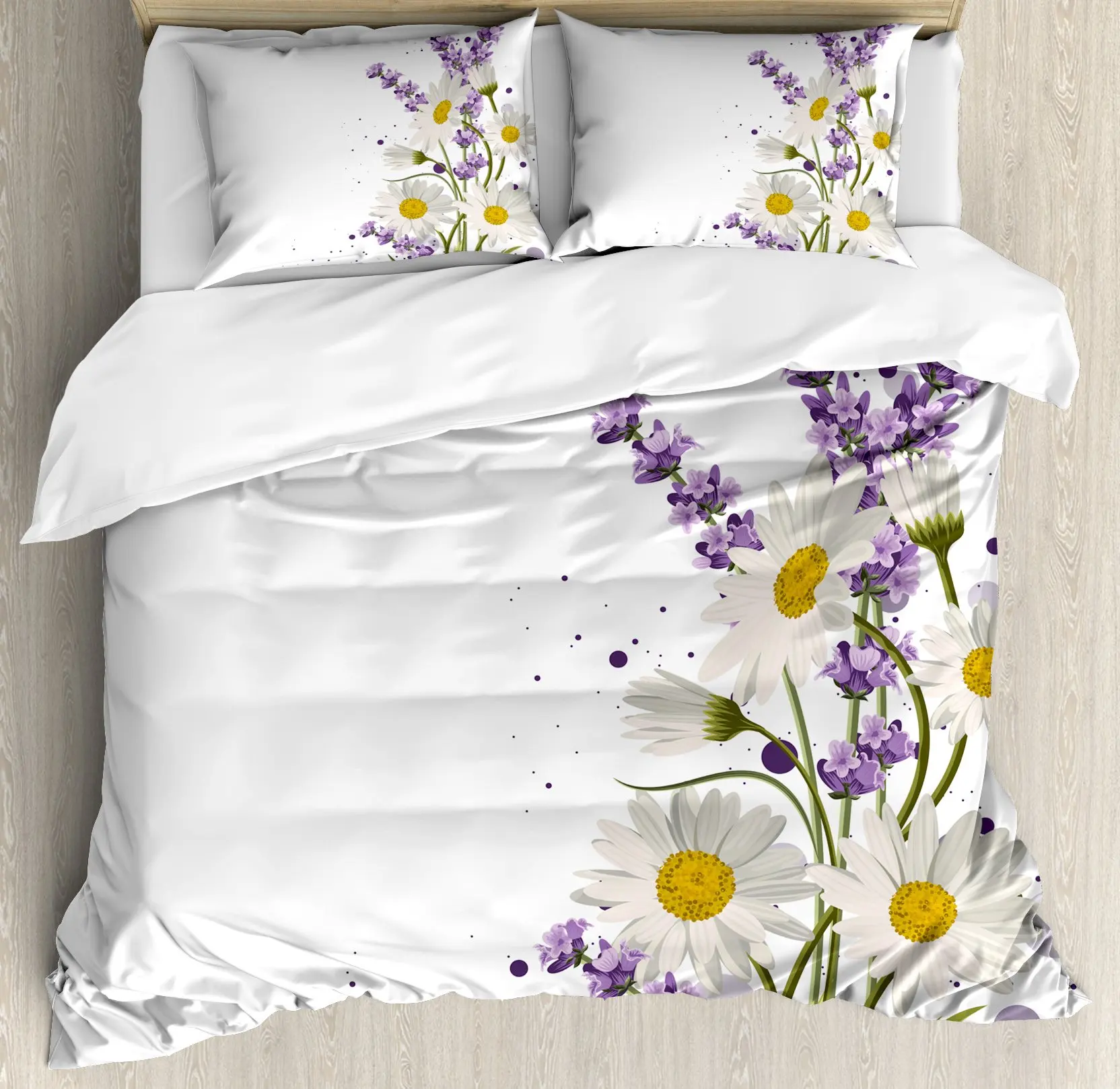 Lavender Duvet Cover Set, Daisies Color Decorative 3 Piece Bedding Set with 2 Pillow Shams, Full Queen King Size, for Kids Girls