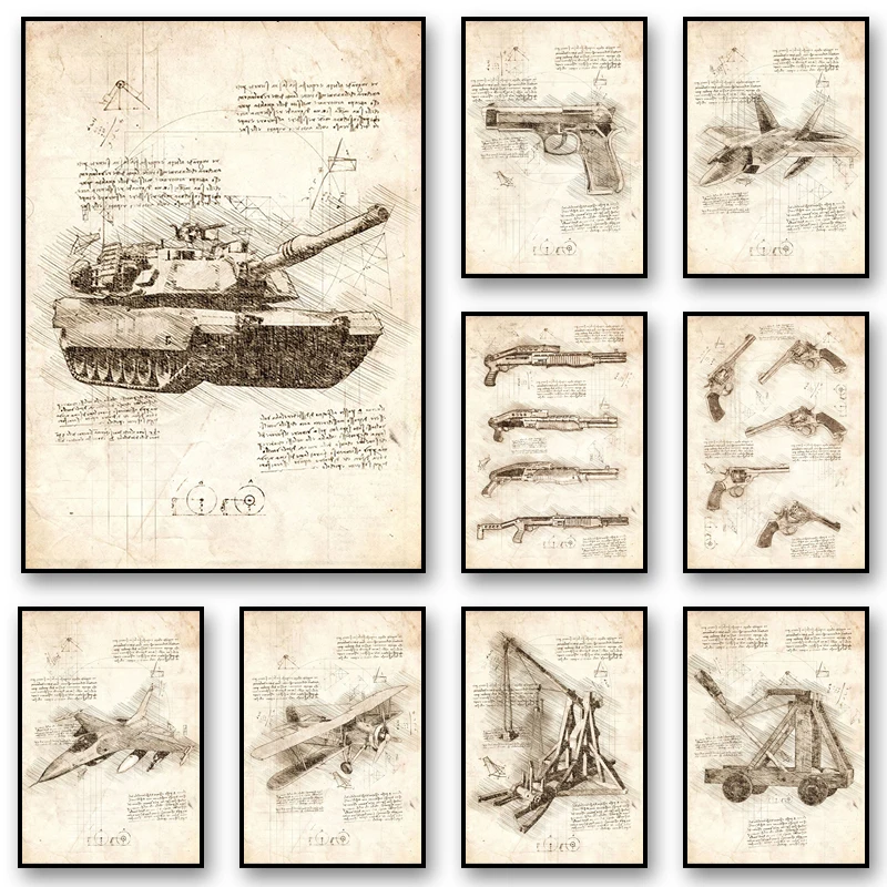 Da Vinci Inspired Sketches Poster Print Submarine Helicopter Tank Hand Gun Canvas Paintings Wall Art Picture for Home Decoration