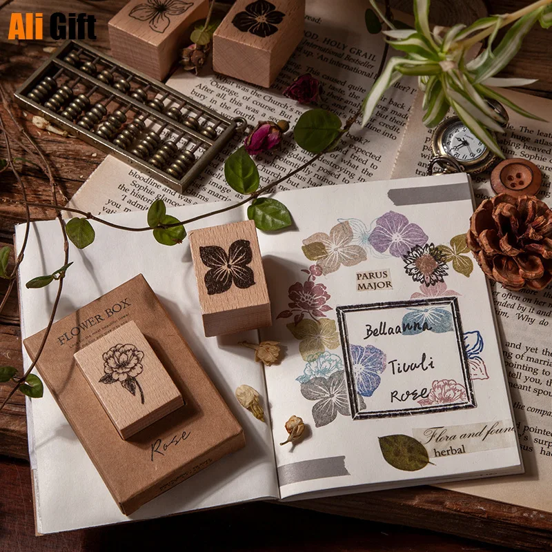 New Vintage Plant Seal Stamp Small Flower Box Series DIY Hand Account Decoration Diary Wood Beech Stamps for Scrapbooking Gift