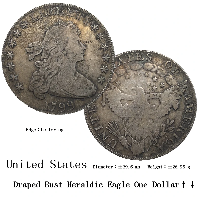 Vereinigte Staaten 1799 1 Ein Dollar 90 % Silber US Liberty Drapiertes Büstenhaar Happed Eagle Reverse Verwandte von Amerika Kopiermünze