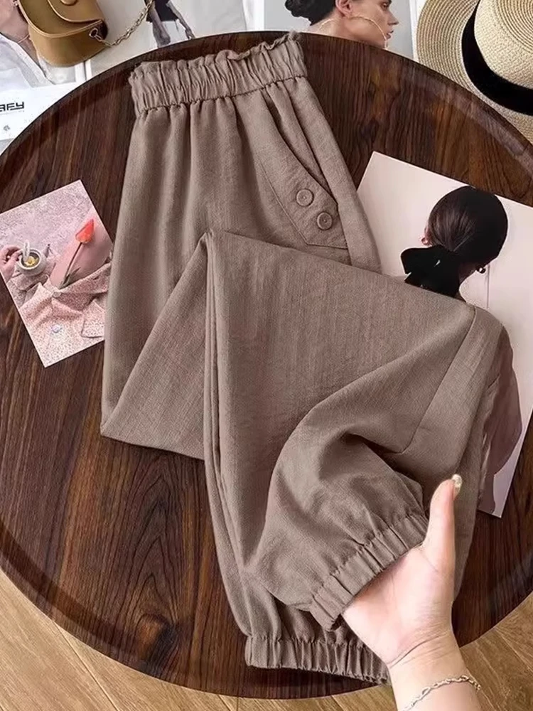 

Брюки-фонарики с высокой талией, летние, тонкие, из хлопка и льна, с эффектом ледяного шелка, повседневные, укороченные, свободные, струящиеся, скрывающие недостатки фигуры