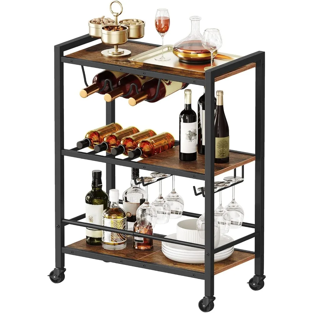 

Bar Cart, 3-Tier Coffee Cart with Wheels, Kitchen Cart, Wine Cart with Wine Rack and Glass Holder, Rolling Serving Cart for Hom