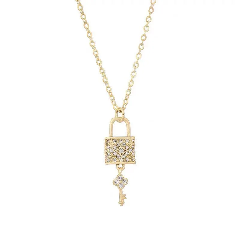 New In Light Luxury Zircon Crystal Tassels Key Lock Pendant Stainless Steel Necklaces For Women Trendy Female Clavicle Chain