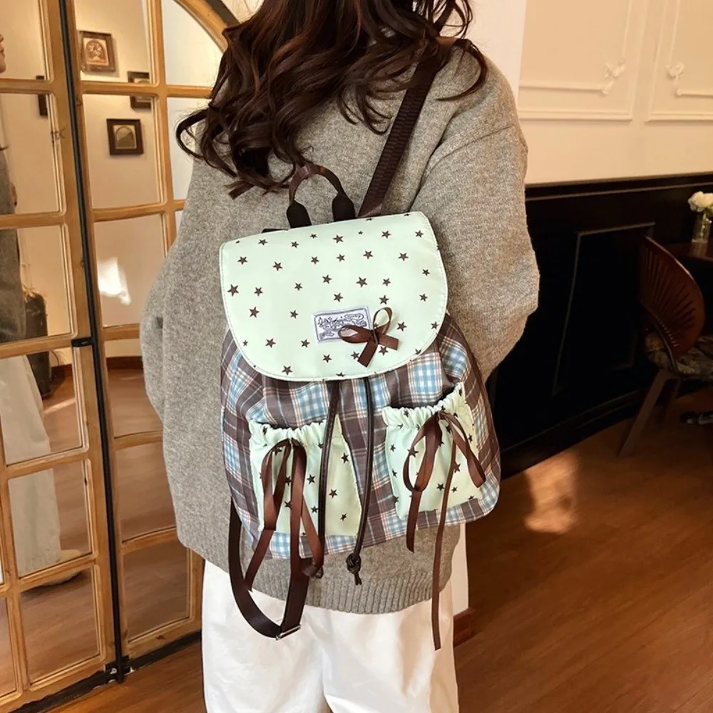 

Сумка-рюкзак Sweet Bow с двумя лямками, клетчатый узор, принт со звездами, школьный ранец для студентов, контрастные цвета, винтажный, мятно-зеленый, маленький рюкзак
