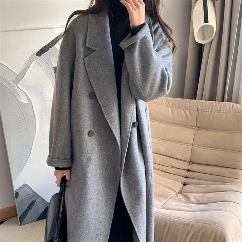 

New High Quality Soft Double-sided Wool Coat Women New Double-breasted Loose Jacket Warm Full Wollen Long Coat Thick Outerwear