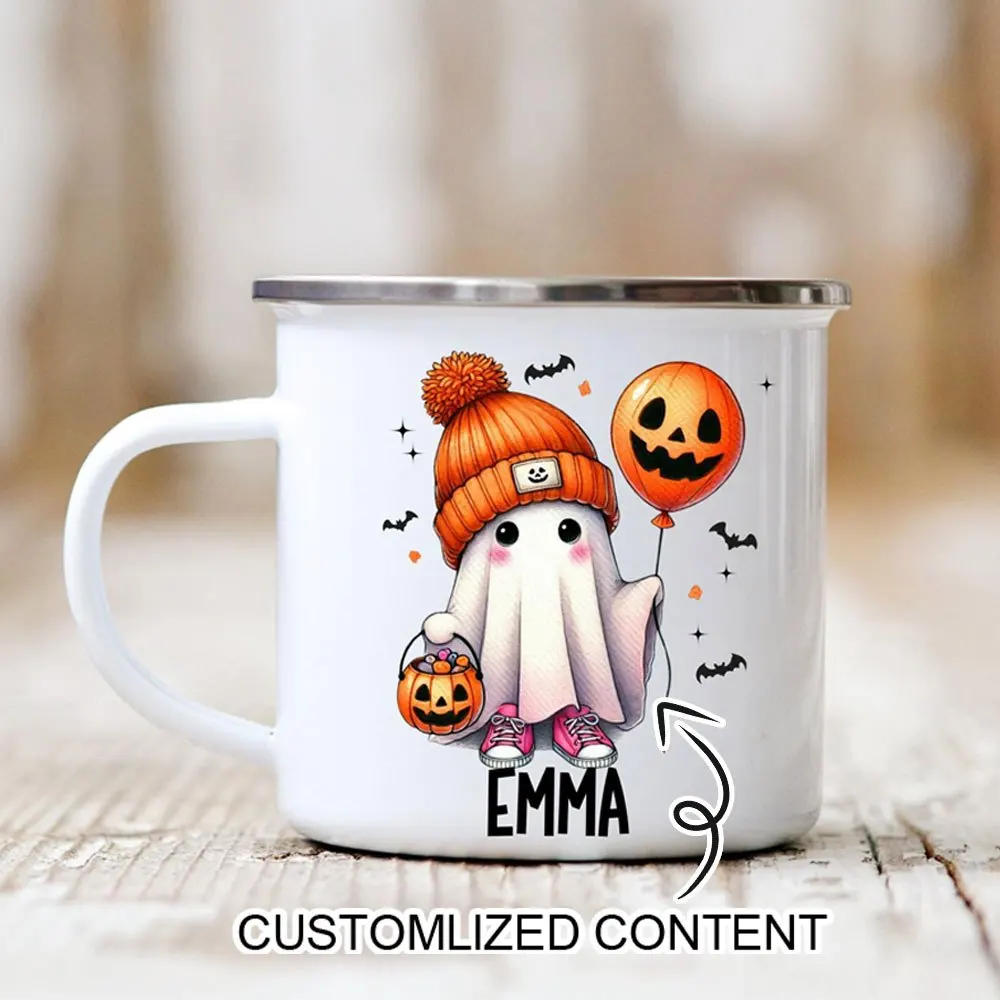 Personalized Cute Halloween Ghost Enamel Mug Custom Name Spooky Pumpkin Balloon Coffee Cup Halloween Camping Mug Gift for Kids.