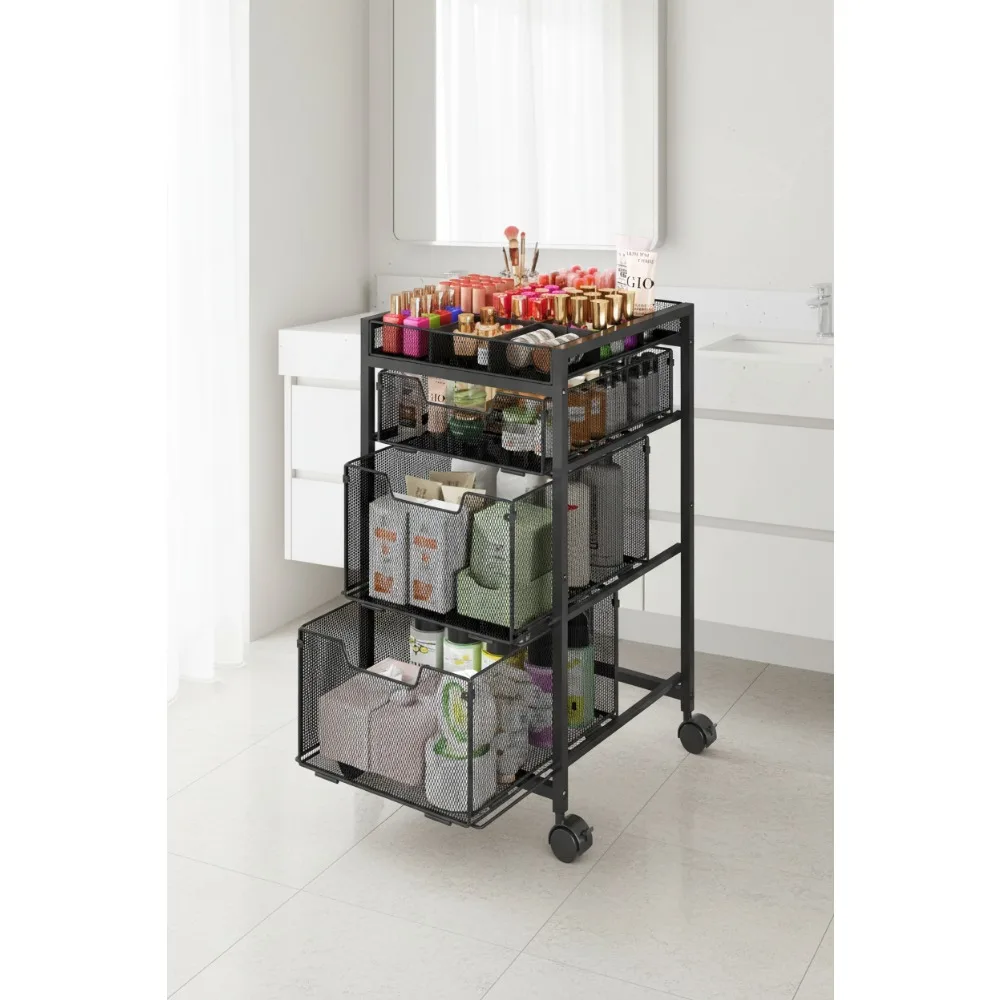 3-Drawer Rolling Makeup Cart with Dividers & Wheels, Versatile Cosmetic Storage Organizer for Beauty Tools, Black
