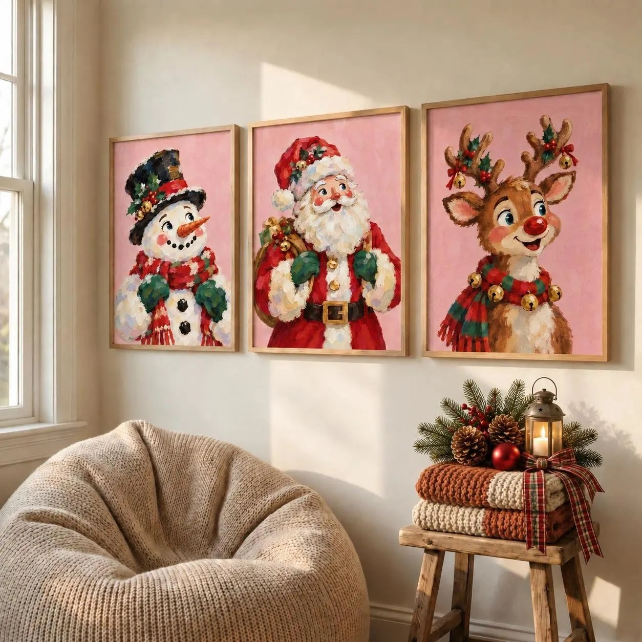 1/6pcs Pink Christmas Wall Art Prints Posters Santa, Gingerbread, Nutcracker, Reindeer, Snowman Poster for Living Room Decor