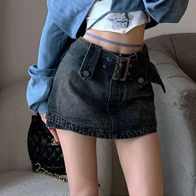 

Spring Summer New Spicy Girl Women's High Waist Button Slim Solid Sashes Metallic Button Wrap Hip Retro Denim Short Pants Skirt