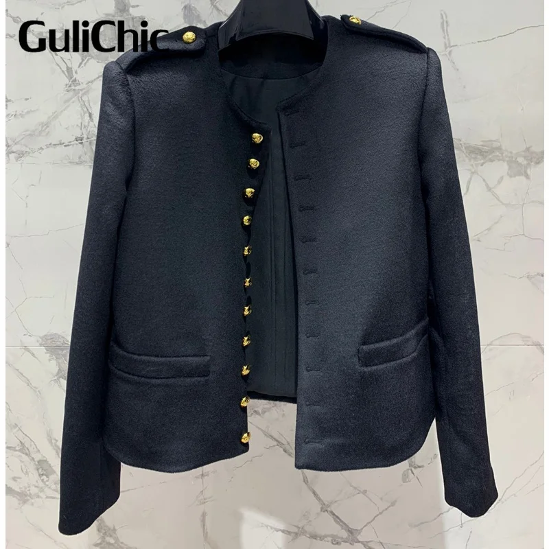 8.10 GuliChic Round Neck Epaulet Gold Button Single Breasted Long Sleeve Jacket Women Vintage Temperament Wool Coat