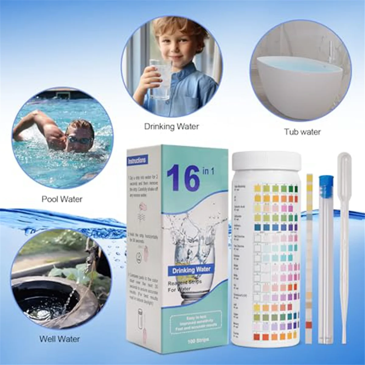Strisce reattive per acqua 16 in 1, Kit per il Test dell'acqua potabile, Kit per il Test della qualità dell'acqua domestica da 100 strisce