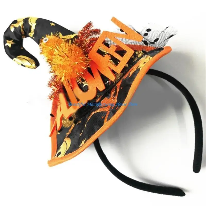 E56A Gothic Halloween Live Broadcast Hairband Women Photoshoots Hairband Witch Hat&Spiders Headbands Yellow Color