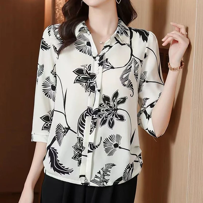 Casual Fashion Floral Printed Button Chiffon Shirt Summer 2022 New Polo-Neck Half Sleeve Loose Pullovers Blouse Women\'s Clothing