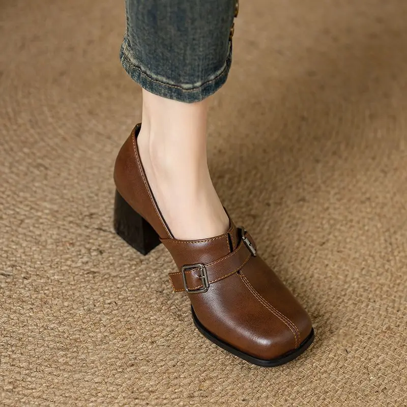 Girseaby Vintage Women Pumps Square Toe Block Heels Slip On Belt Buckle Plus Size 45 46 47 Soft Fashion New Design Summer Shoes
