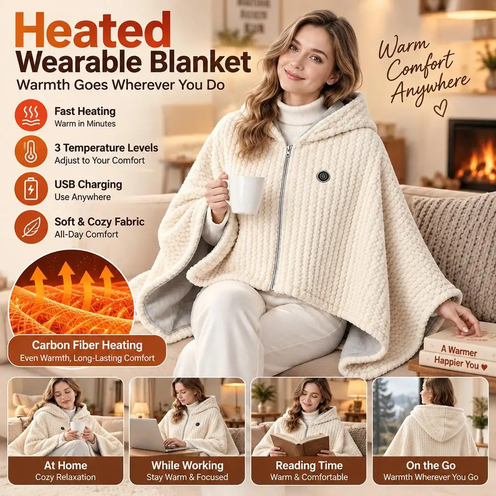 Heated Warming Blanket Shawl Three Gears With Hood Zipper Winter For Home Office Outdoor Camping Keep Warm Blanket