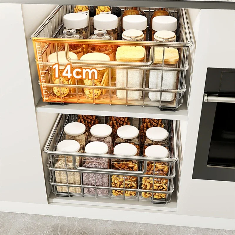 Stainless Steel Pull-Out Cabinet Organizer Under Sink Storage Basket Kitchen Seasoner Shelf Heavy Duty Slide-Out Storage Rack