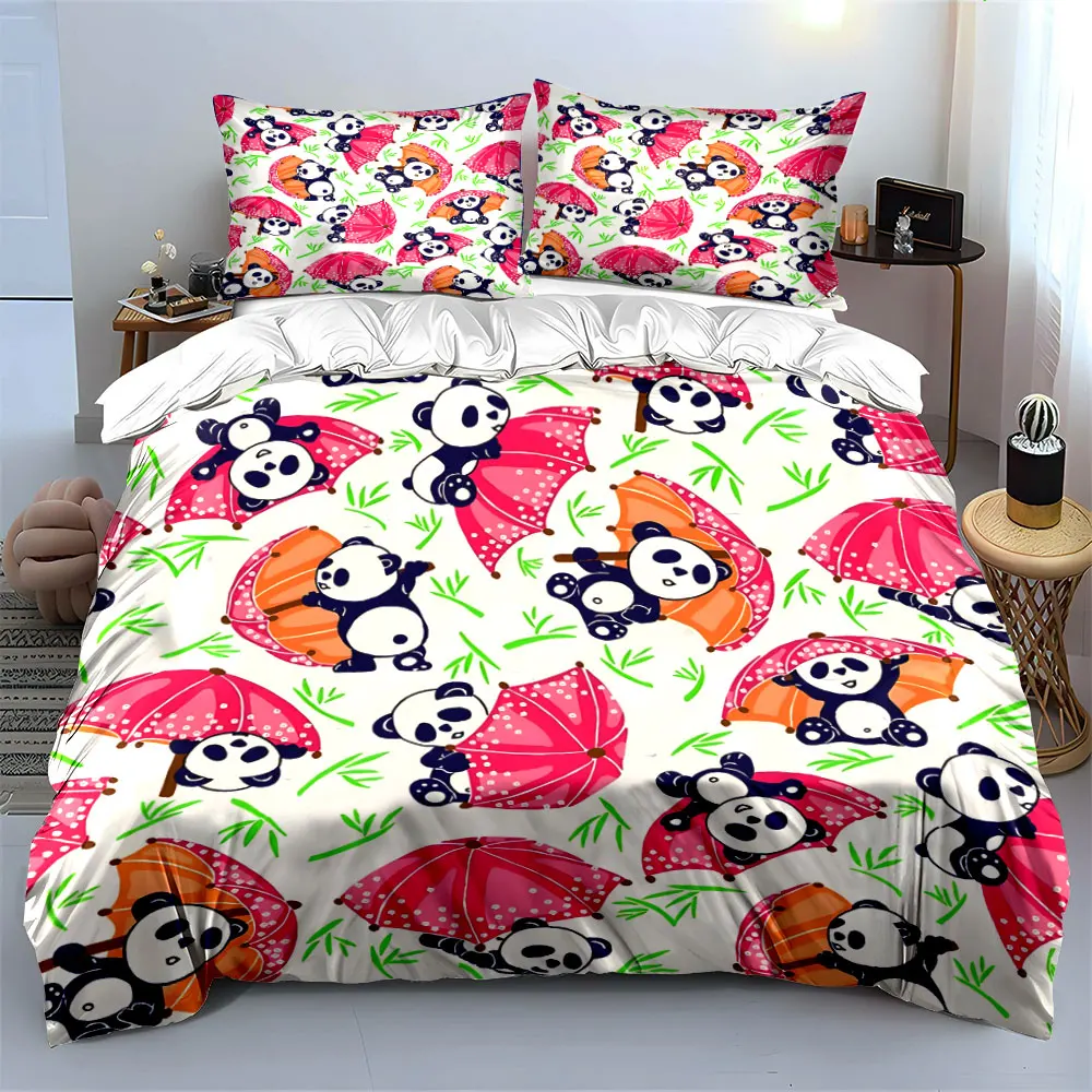 Cute Panda Umbrella Pattern Set Bedding Set with 1 Duvet Cover 2 Pillowcases Single Double King Queen, Gift