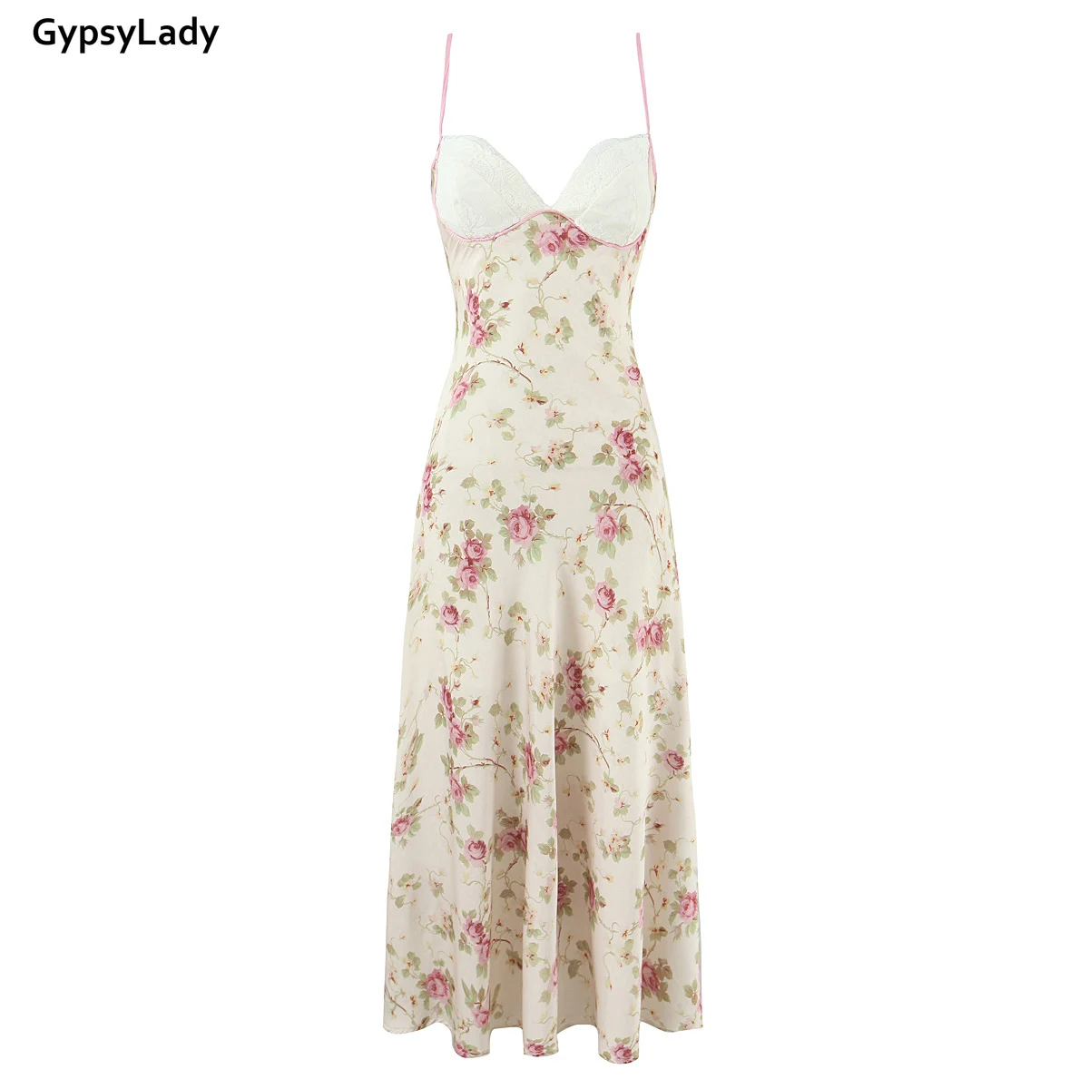 Abito lungo con spaghetti stampato floreale stile francese Abito lungo casual da donna sexy con scollo a V e cinturino in raso di pizzo beige Nuovo