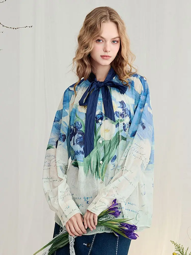 French Blue Printed Snow Lining Spun Shirt For Women In 2026 Summer Fashion, Glazed Color Loose And Beautiful Top