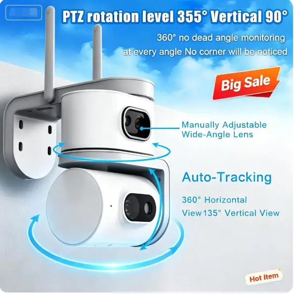 CB11 6MP WiFi Outdoor Security Camera 2 Lens 2 Screens Auto Tracking Audible Alarm Full-Color Night Vision 7/24H Recording CCTV