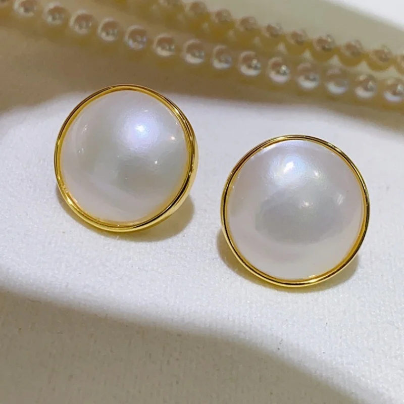 

SGARIT Mabe Round Stud Earrings 925 Sterling Silver Natural Freshwater Pearl Stainless Steel Popular Waterproof Daily Jewelry
