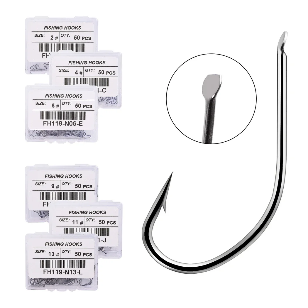 Durável Fish Platter Fishing Hook, Jig Head, Ganchos de pesca, Carp Fishing Tackle Anzol, cabeça plana, 50 Pcs por caixa