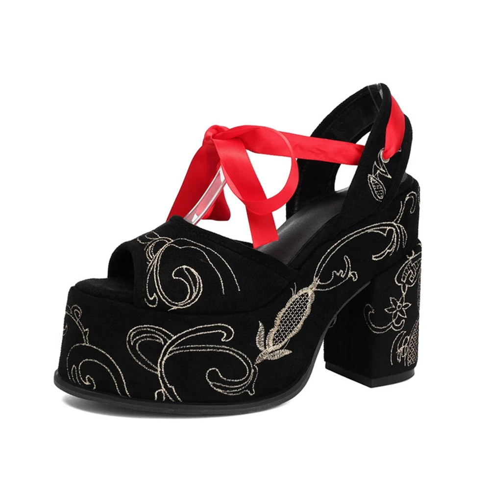 Plus Size 33-50 Women's Embroidered Platform Block Heel Sandals Red Black Wine Red Lace Up Party Shoes 609