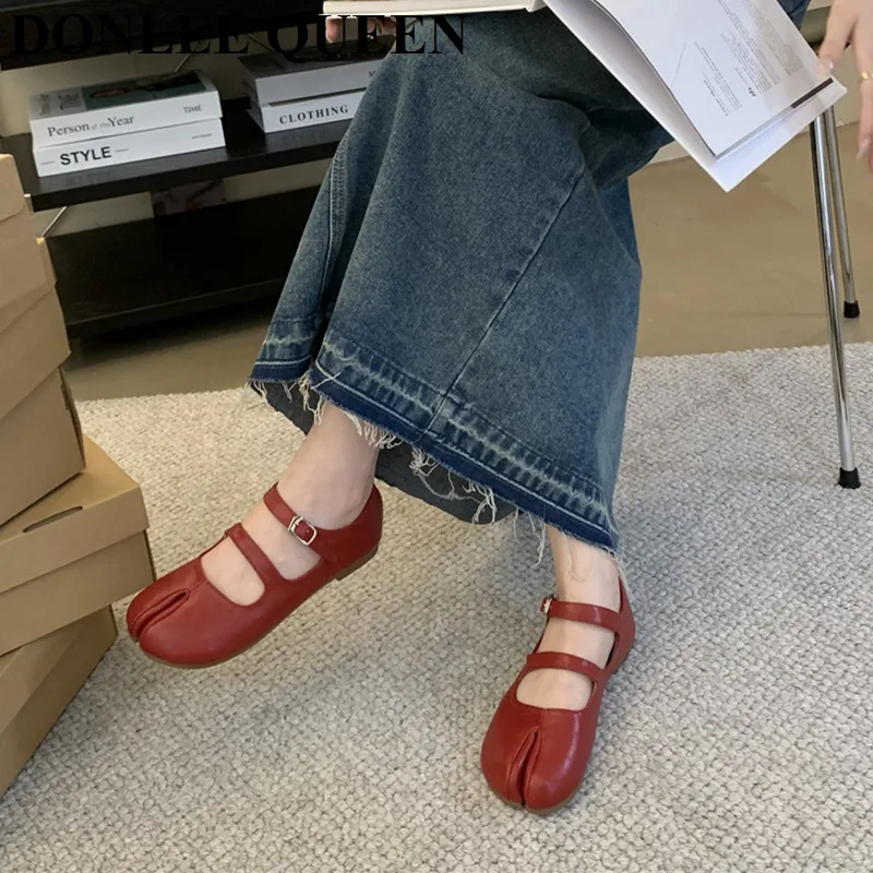 2023 Fashion Split Toe Flat Shoes Women Candy Color Shallow Mary Jane Shoes Square Toe Retro Ballerina Ankle Strap Sandals Mujer