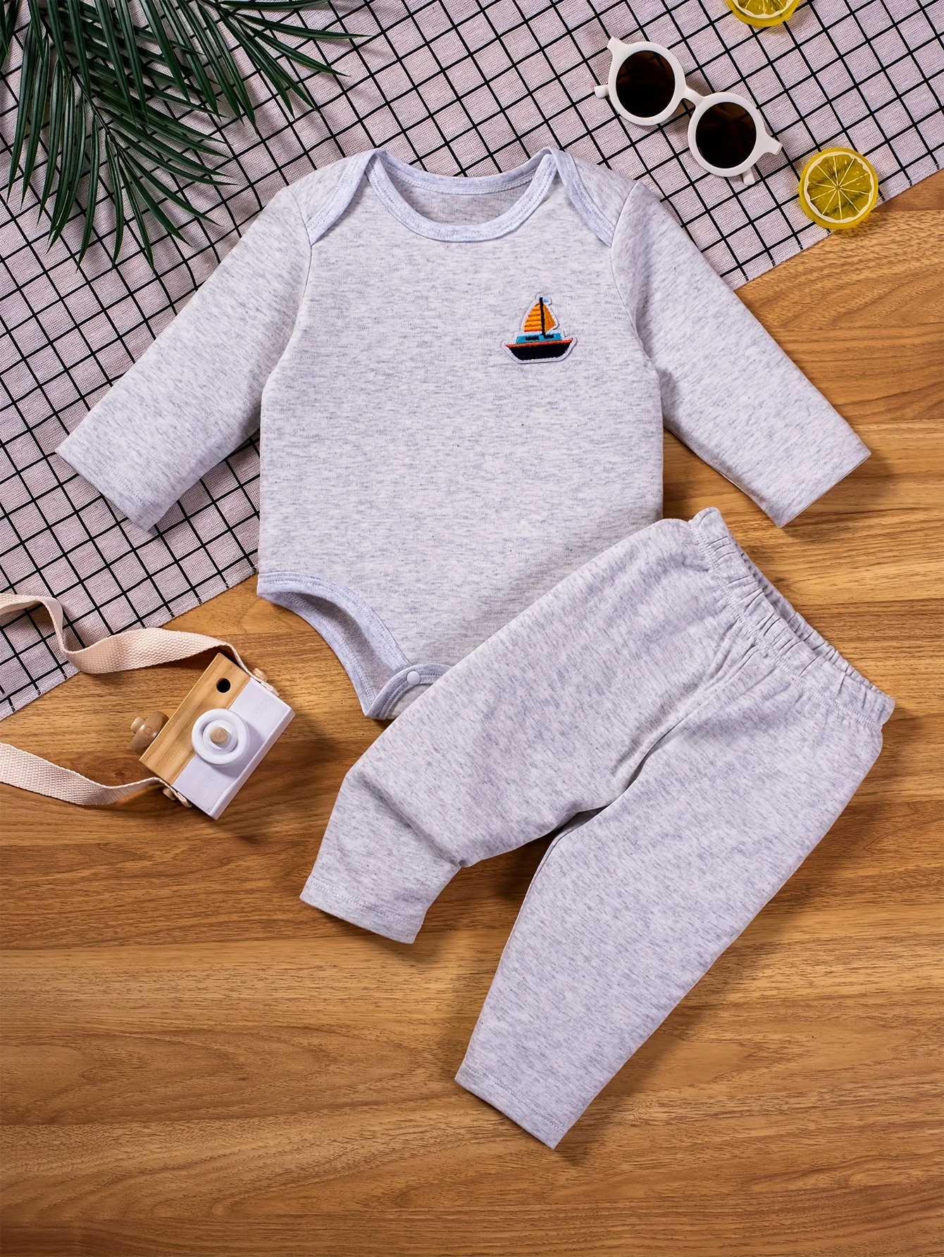 2pcs Infant\'s Long Sleeve Casual Outfit, Cotton Triangle Bodysuit & Elastic Waist Pants, Baby Boy\'s Clothes