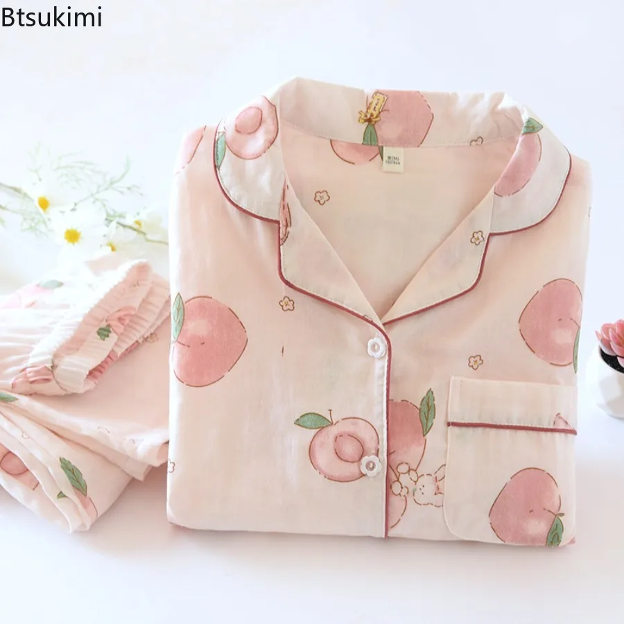 New 2025 Women's Spring Summer Loose Cotton Homewear Suit Sets Printing Cotton Trouser Pajamas for Women Homewear Pajamas Female